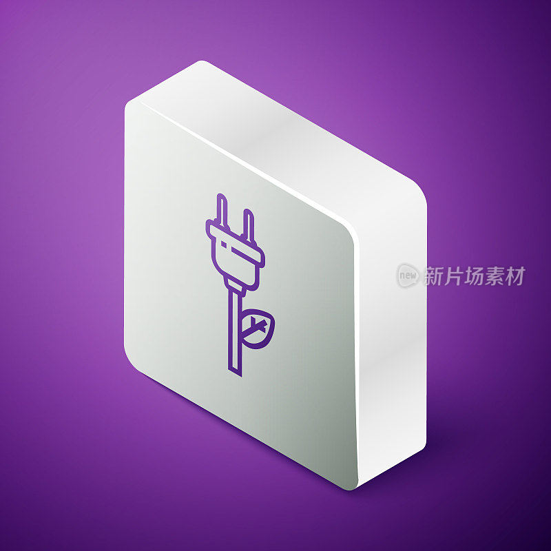 Isometric line Electric saving plug in leaf icon isolated on purple background. Save energy electricity. Environmental protection. Bio energy. Silver square button. Vector Illustration